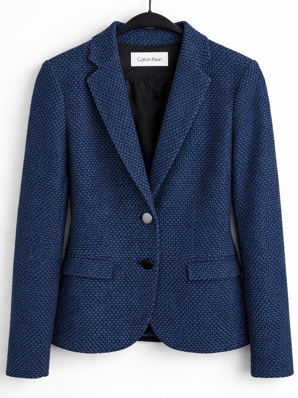 Calvin Klein Womens 6P Petite Blue Black Houndstooth Blazer Jacket Career